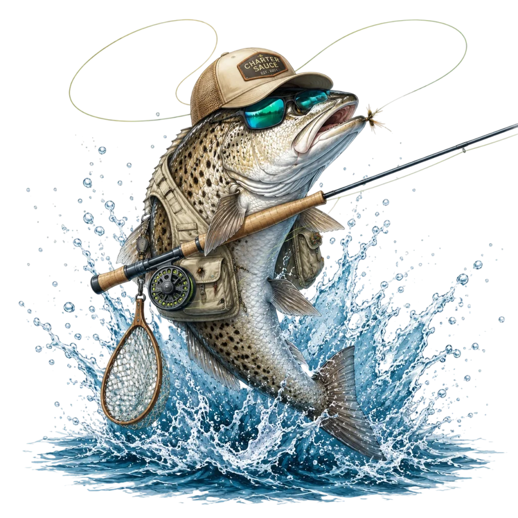 Illustrated spotted sea trout wearing sunglasses and fly fishing gear with a fly rod above a blue water splash.
