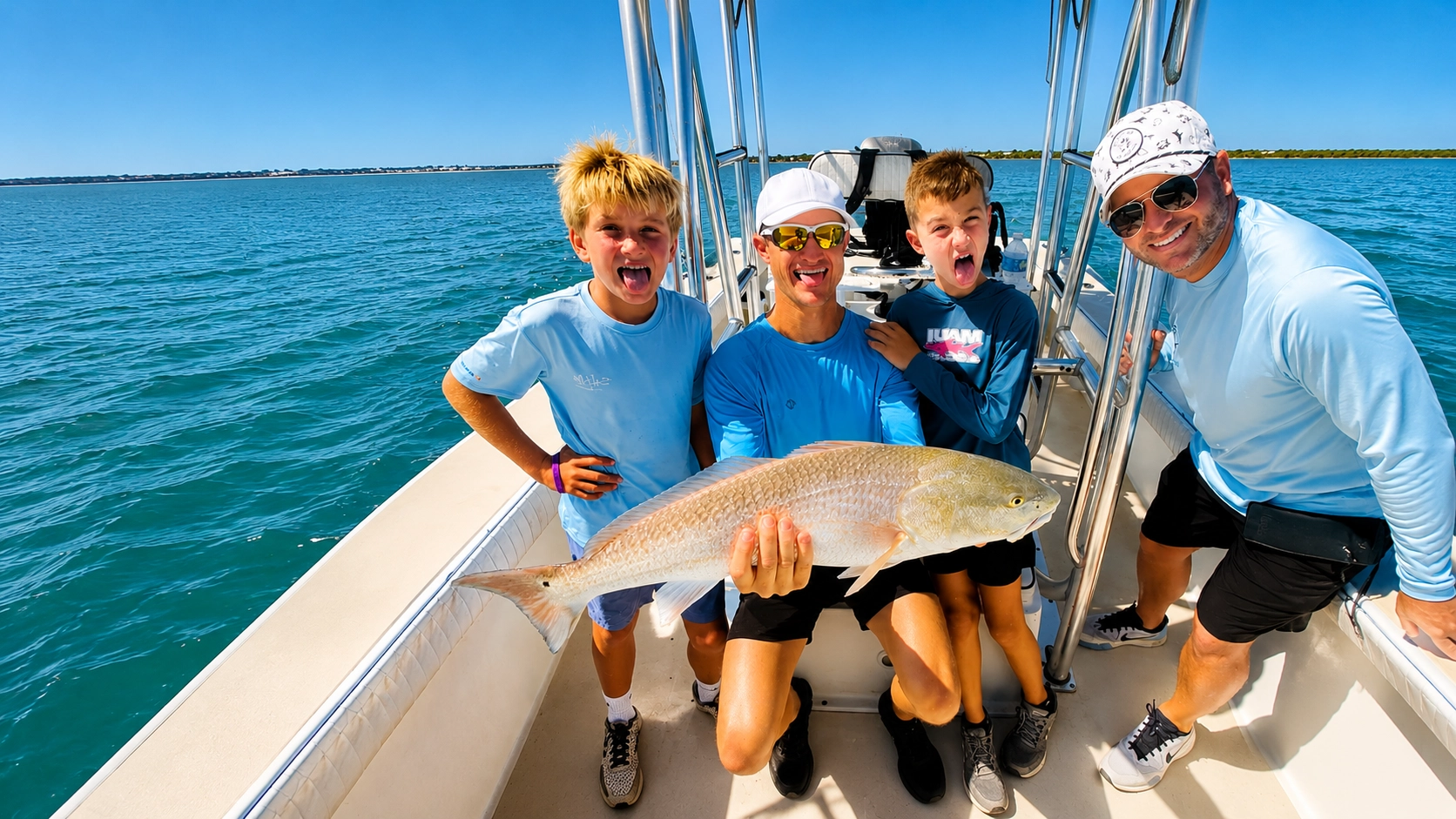 Family celebrating a redfish caught during a Sarasota family fishing charter.