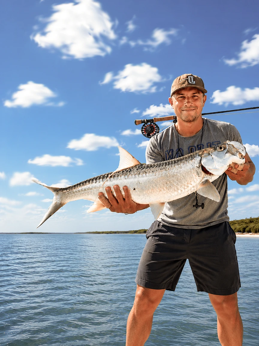 Angler holding a tarpon after a successful fly fishing trip in Sarasota, Florida.