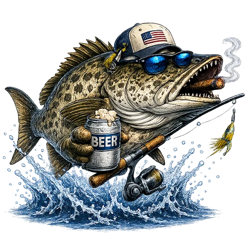 Illustrated grouper mascot with sunglasses, fishing gear, and cigar for Sarasota nearshore fishing.