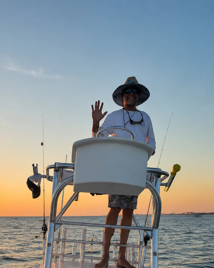 Captain waving from the helm of a charter boat during a sunset cruise on Sarasota Bay with the Gulf Coast skyline in the distance.