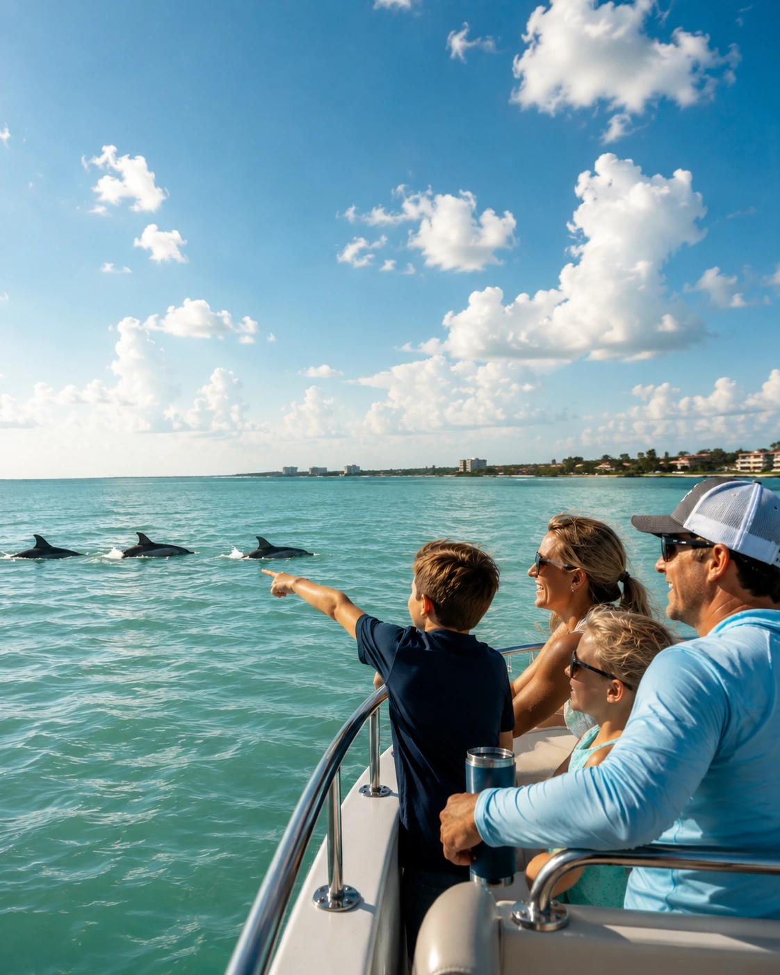 Family watching wild bottlenose dolphins swimming alongside a boat during a Sarasota dolphin watching charter on beautiful Gulf Coast waters.