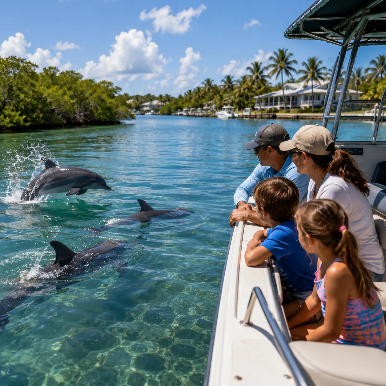 Family watching wild bottlenose dolphins swimming beside a boat during a Sarasota dolphin watching tour through clear coastal waters.