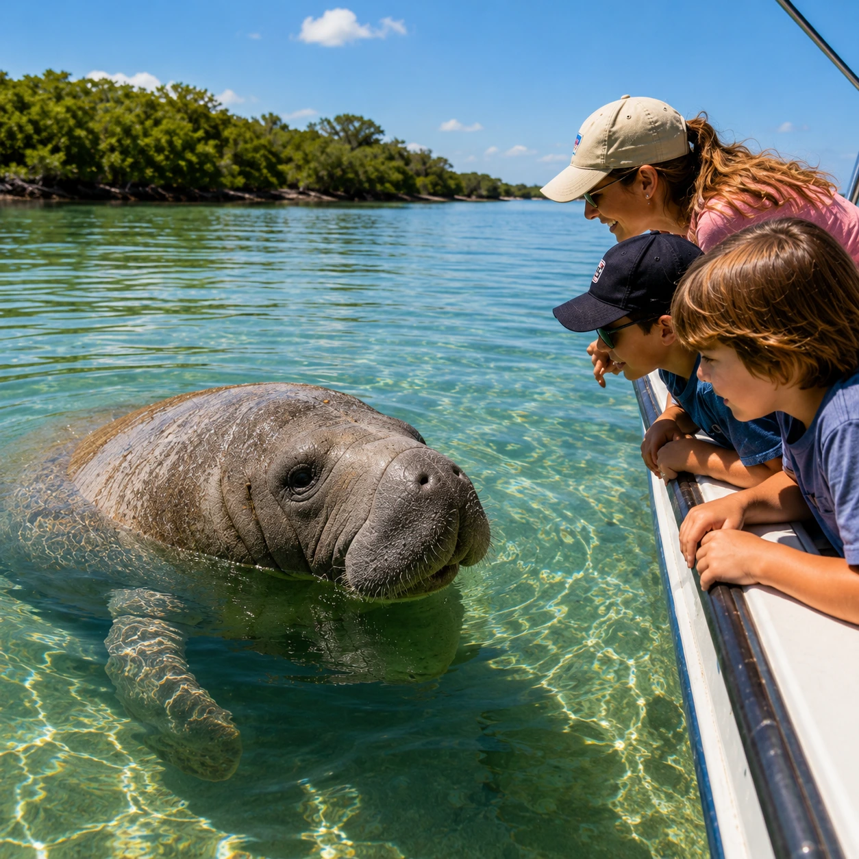 Family viewing a wild Florida manatee beside a boat during a Sarasota sightseeing and wildlife tour in clear shallow water.
