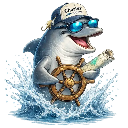 Dolphin mascot wearing sunglasses and a Charter Sauce hat holding a ship's wheel and nautical chart.
