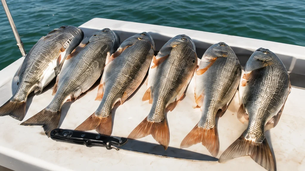 Freshly caught redfish lined up on a fillet table after a Sarasota fishing charter