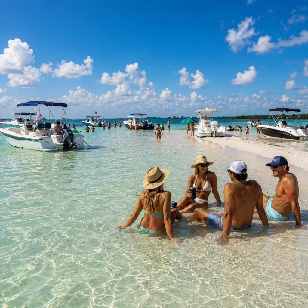 Guests enjoying a private sandbar boat charter on the shallow waters of Sarasota Bay.