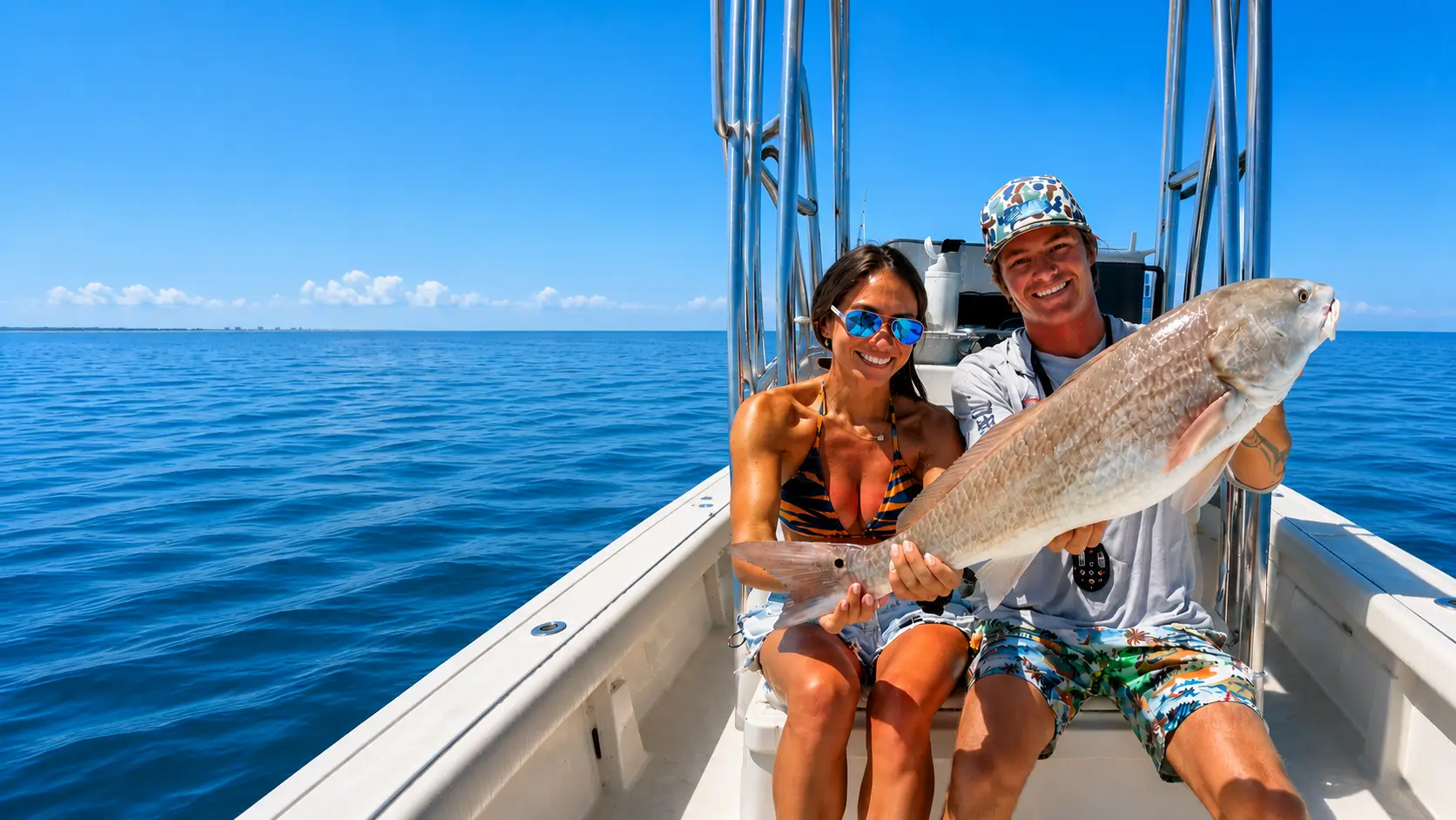 Couple holding a large redfish aboard a Sarasota fishing charter boat on calm Gulf waters.