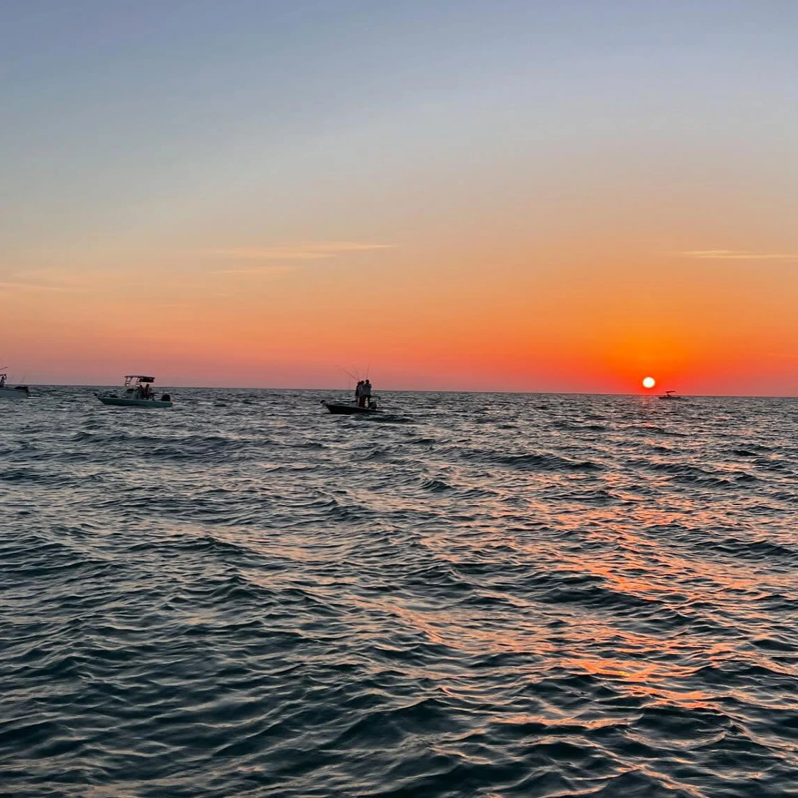 Sun setting over Sarasota Bay with boats on the horizon during an evening Sarasota sunset cruise.