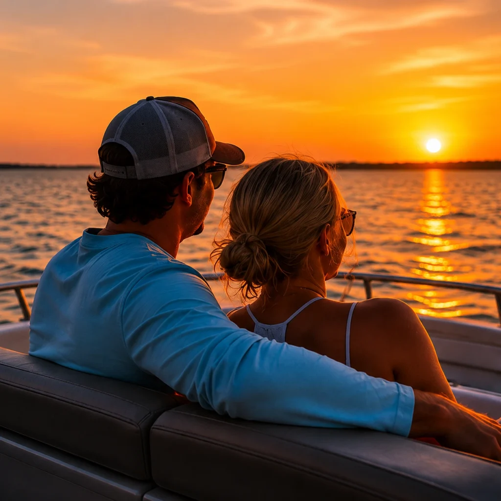 Couple enjoying a Sarasota sunset cruise aboard a private boat as the sun sets over Sarasota Bay