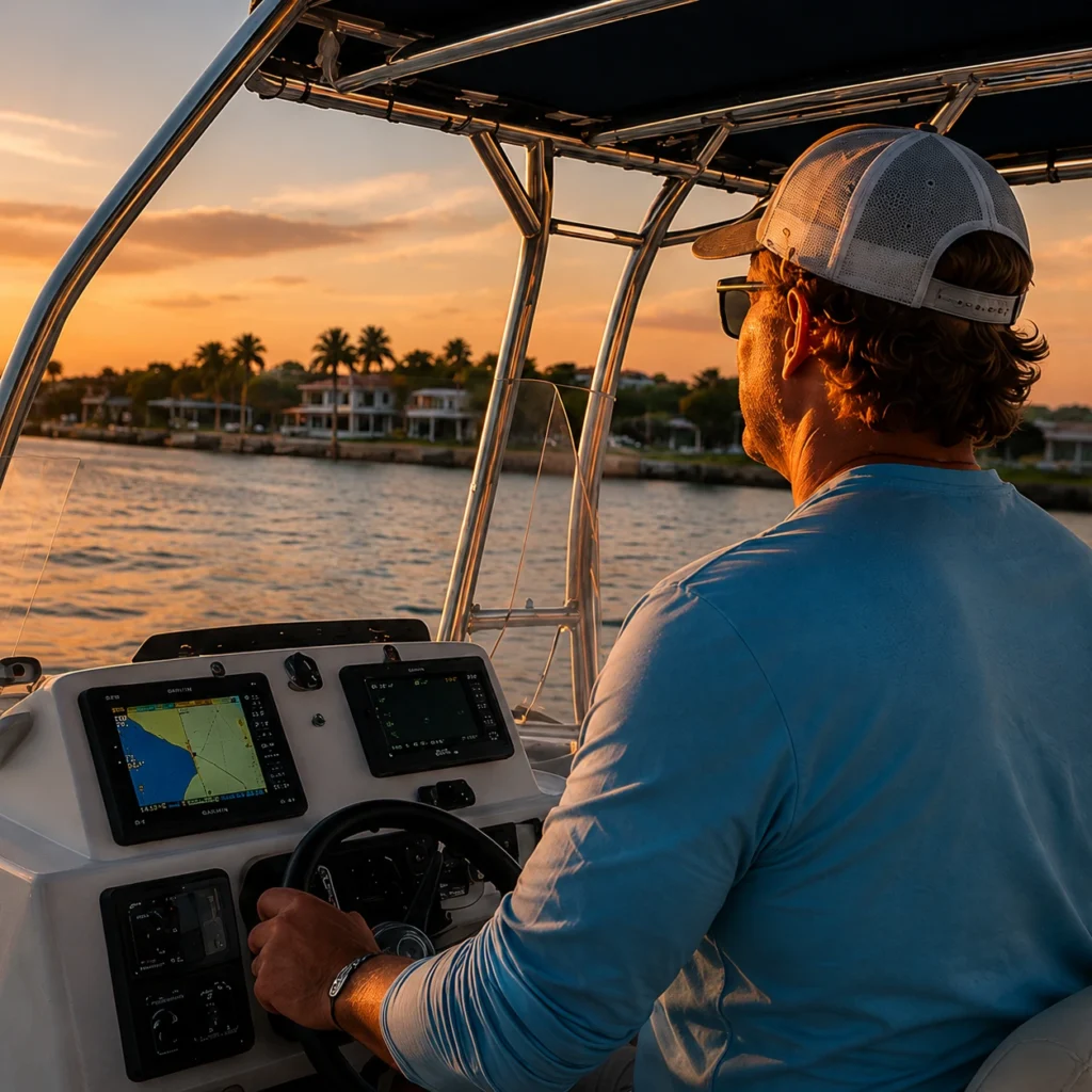 Captain steering a boat through Sarasota Bay during a scenic sunset cruise at golden hour