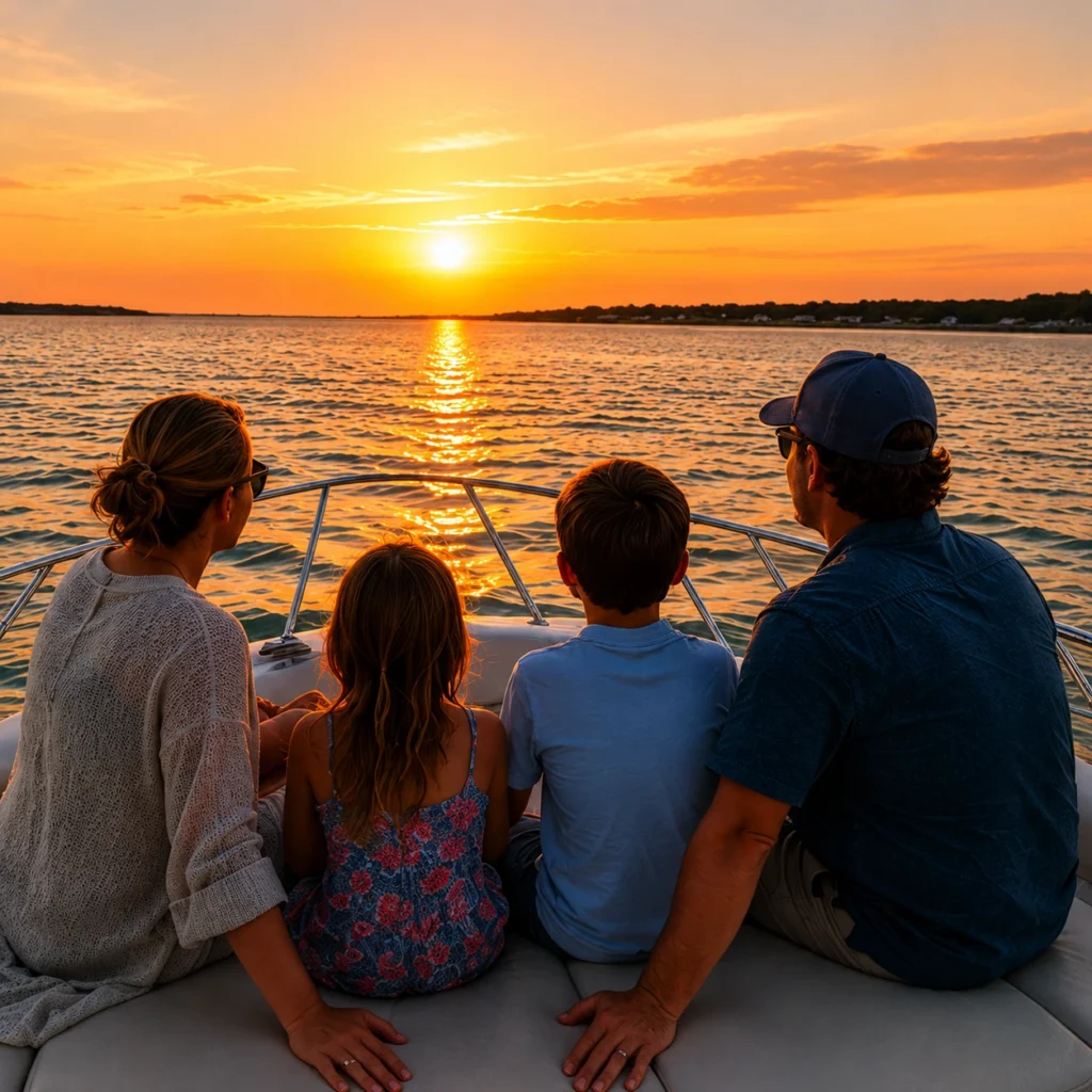 Family enjoying a sunset cruise on Sarasota Bay while watching the sun set over the water