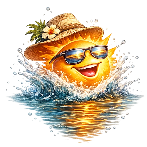 Illustrated smiling sun mascot with sunglasses splashing in the water for Sarasota sunset cruises